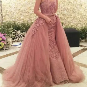 dusty pink beaded prom dresses with detachable skirt lace appliqué elegant prom gown abendkleider 2020