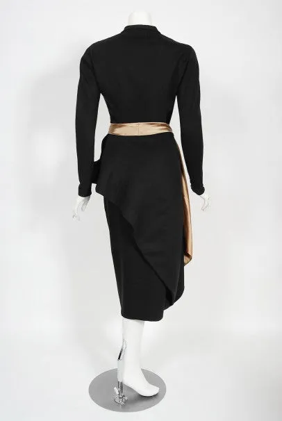 1949 Lanvin Haute Couture Sculpted Black Wool Documented Dress