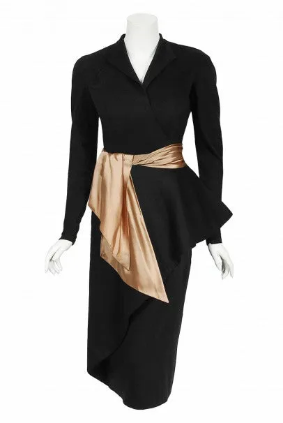 1949 Lanvin Haute Couture Sculpted Black Wool Documented Dress