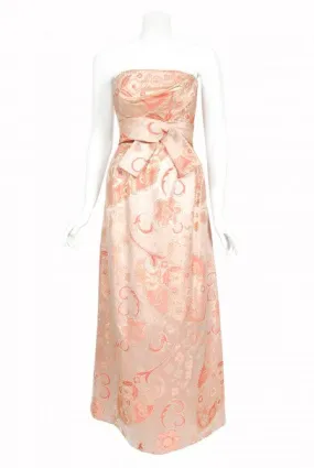 1963 Pierre Balmain Couture Documented Metallic Pink Silk Strapless Gown