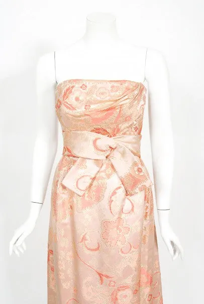 1963 Pierre Balmain Couture Documented Metallic Pink Silk Strapless Gown