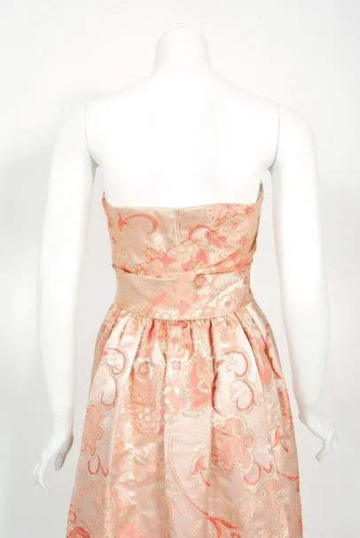 1963 Pierre Balmain Couture Documented Metallic Pink Silk Strapless Gown