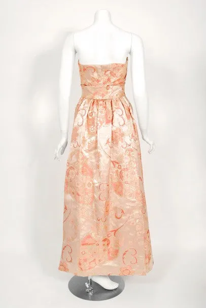 1963 Pierre Balmain Couture Documented Metallic Pink Silk Strapless Gown