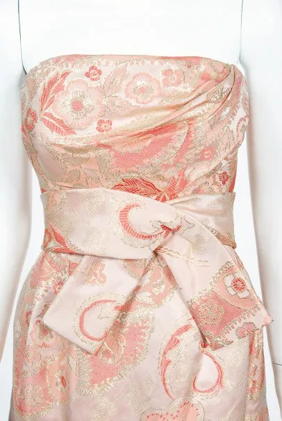 1963 Pierre Balmain Couture Documented Metallic Pink Silk Strapless Gown