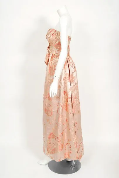 1963 Pierre Balmain Couture Documented Metallic Pink Silk Strapless Gown