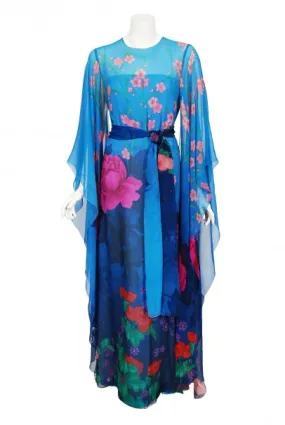 1976 Hanae Mori Couture Floral Silk Chiffon Belted Kimono-Sleeve Gown