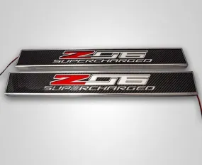 2014-2019 C7 Corvette - Light Up Z06 SUPERCHARGED Replacement Door Sills 2Pc - Carbon Fiber w/Stainless Trim