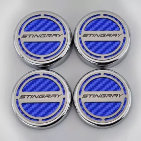 2020-2024 C8 Corvette Coupe - Cap Cover Set 4pc Carbon Fiber Inserts with Stainless Stingray Logo - Polished/Brushed Finish