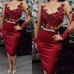 3d flowers short evening dresses long sleeve mermaid burgundy lace applique beaded evening gown cocktail dress