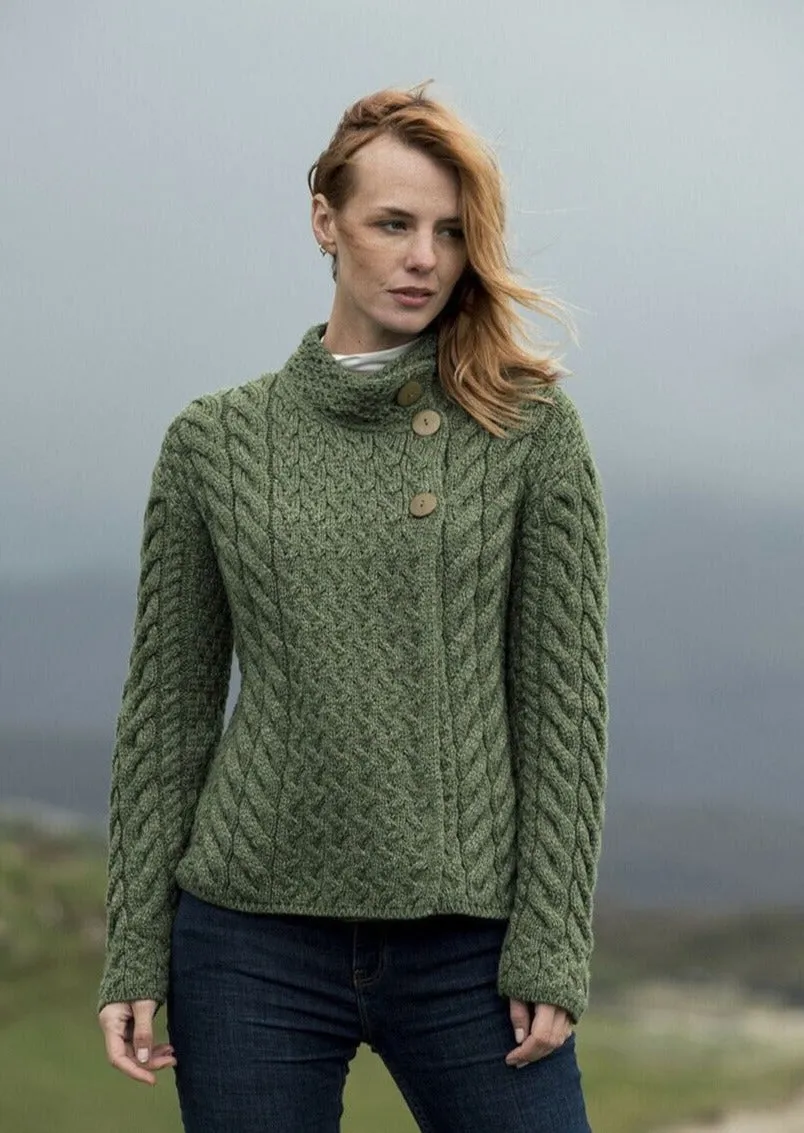 Aran 3 Buttons Trellis Cardigan | Green