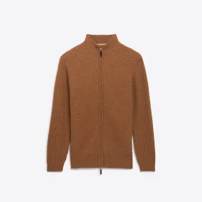 Basketweave Knit Full Zip Mock Neck Sweater