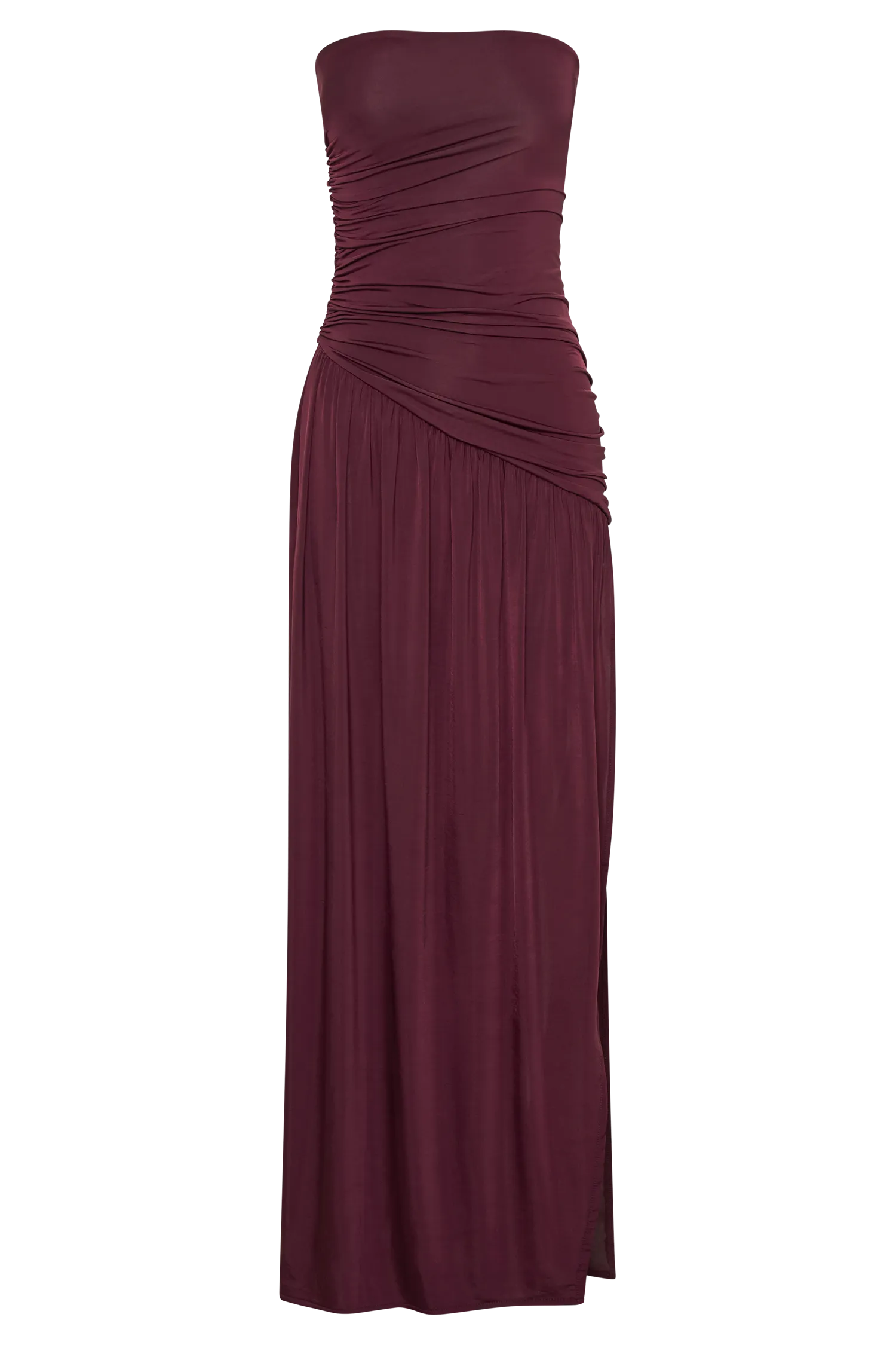 Bex Strapless Slinky Maxi Dress With Split - Burgundy