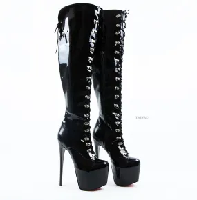 Black Gloss Lace Up Military Style Heel Boots