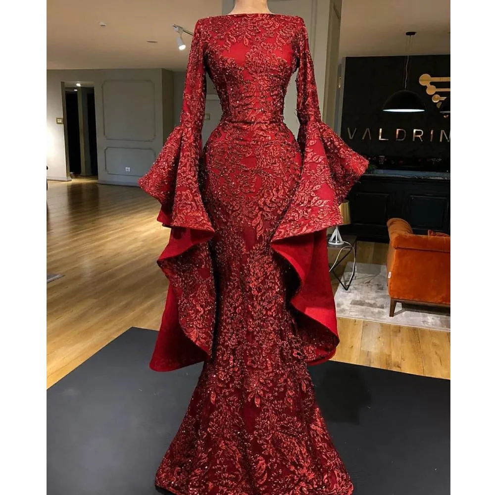 Burgundy evening dresses 2020 long sleeve sparkle sequin appliqué mermaid elegant evening gown vestido de Longo