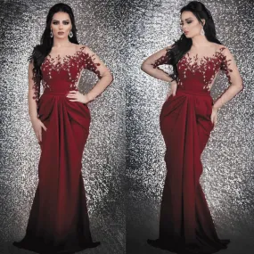 Burgundy evening dresses long sleeve lace appliqué mermaid pleated cheap elegant evening gown