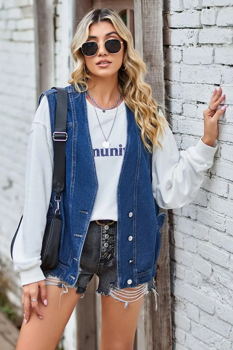 BUTTON CLOSURE LOOSE FIT DENIM VEST