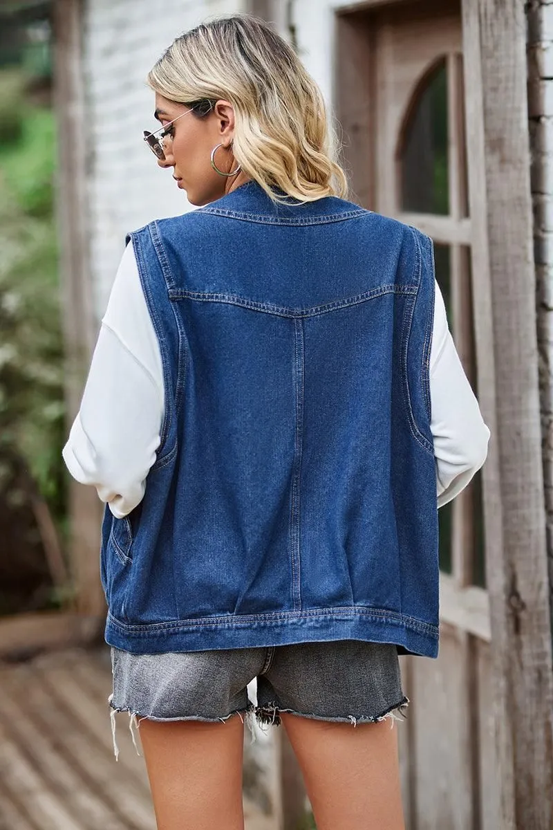 BUTTON CLOSURE LOOSE FIT DENIM VEST