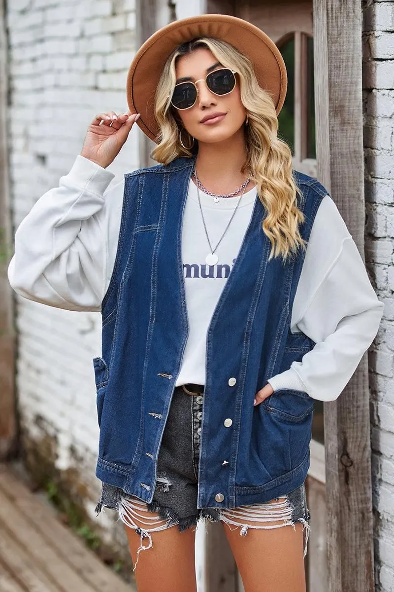 BUTTON CLOSURE LOOSE FIT DENIM VEST