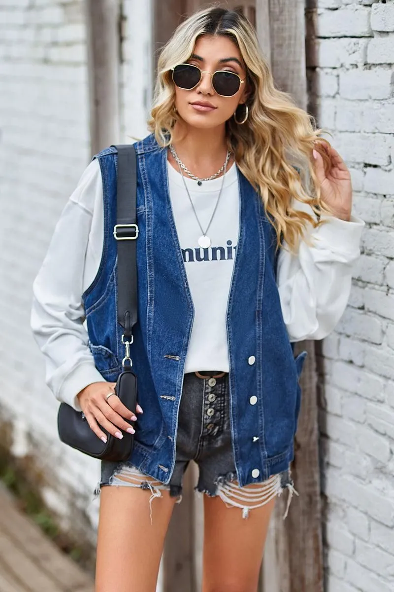 BUTTON CLOSURE LOOSE FIT DENIM VEST