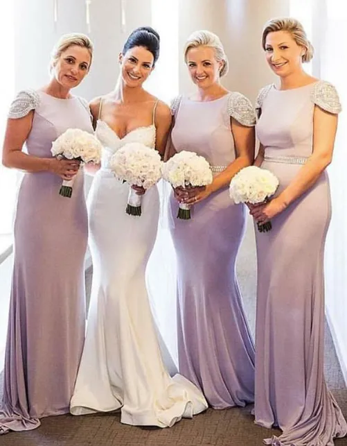 cap sleeve dusty purple bridesmaid dresses long elegant beaded mermaid satin wedding party dress 2020