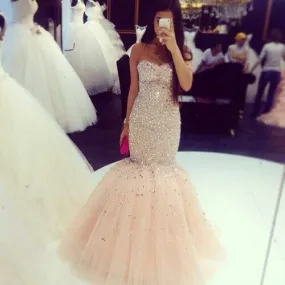 champagne evening dresses long crystals beaded mermaid sparkly sweetheart elegant evening gown