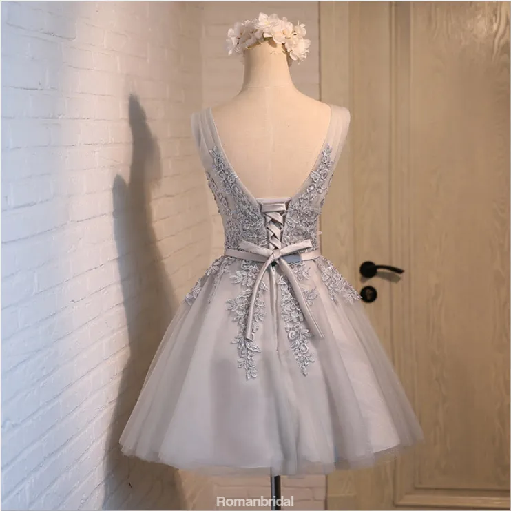 Charming Short V-Neck Bow Beading Appliques Tulle Lace Dress, A-line Homecoming Dress , HD0320