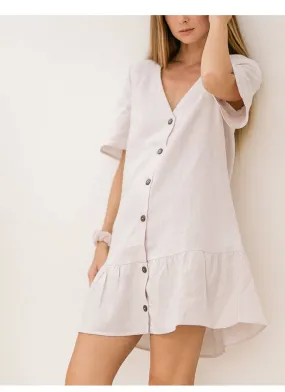 COTTON AND LINEN V-NECK SINGLE-BREASTED DRESS_CWDSD4144