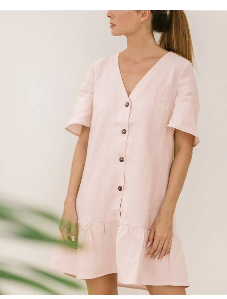 COTTON AND LINEN V-NECK SINGLE-BREASTED DRESS_CWDSD4144