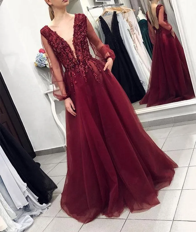 deep v neck Burgundy prom dresses long sleeve beaded lace appliqué elegant wine red sexy prom gown formal dress