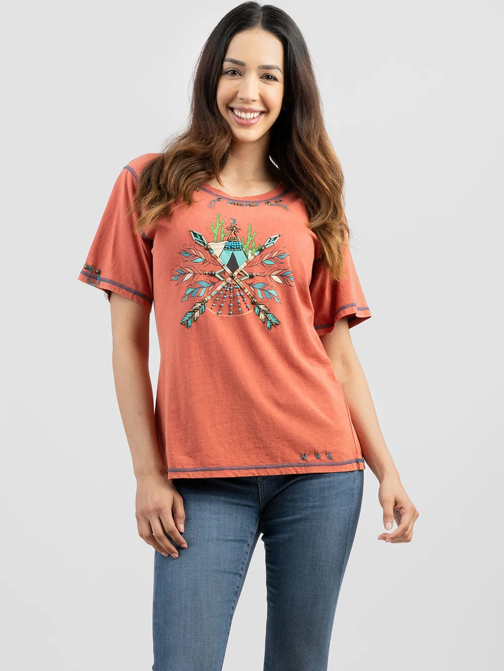 Delila Women Washed Arrow Print Tee With Beads