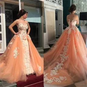 detachable skirt peach prom dresses 2020 lace applique elegant sleeveless prom gown