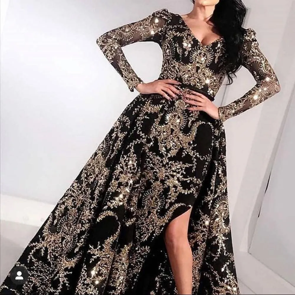 detachable skirt vintage prom dresses long sleeve sparkly black and gold prom gown robes