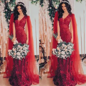 Dubai fashion red evening dresses long mermaid lace applique elegant v neck formal evening gown