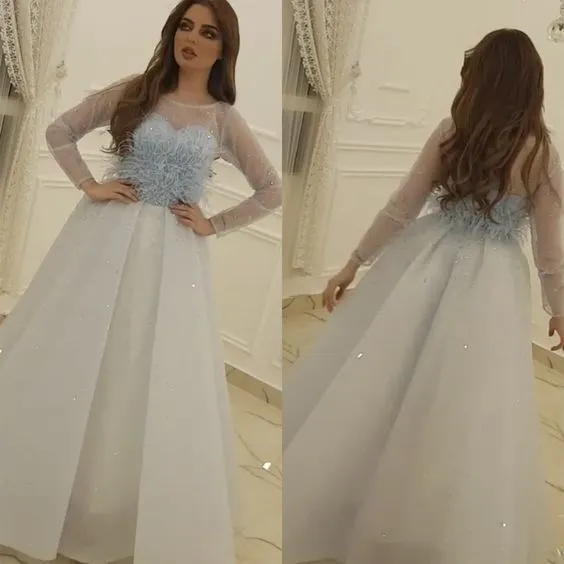 feather prom ball gown arabic beaded long sleeve elegant sparkly prom gowns vestido de festa