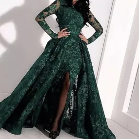 green sparkly prom dresses with detachable skirt elegant long sleeve lace appliqué modest prom gowns