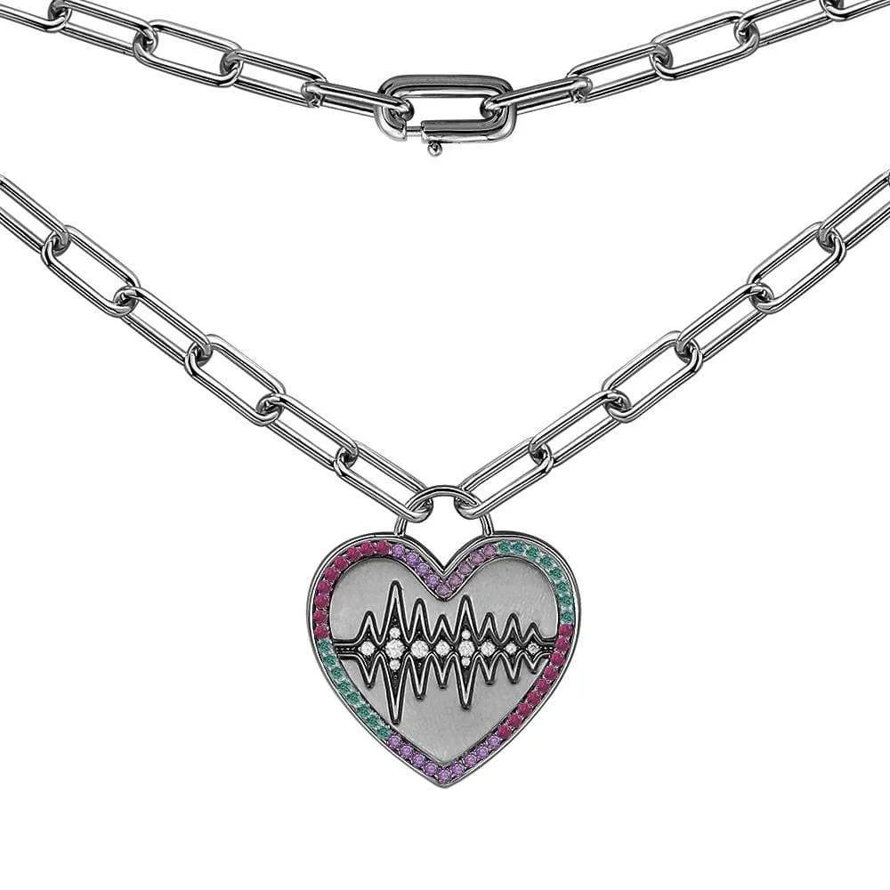 Heart Beat Necklace with Colorful Stones - Dark Grey Silver