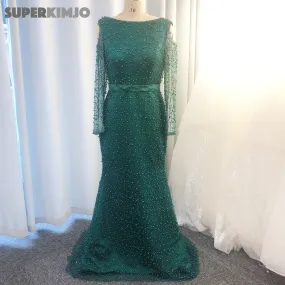 hunter green evening dresses long mermaid beaded elegant long sleeve luxury evening gown robe de soiree