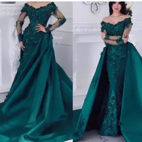 hunter green lace appliqué evening dresses long sleeve detachable skirt 3d flowers elegant evening gown