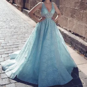 lace applique prom dresses ball gown robe de soiree blue v neck elegant sleeveless beaded prom gown