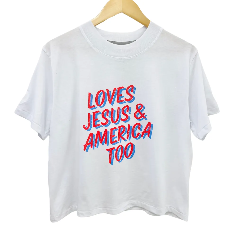 'Loves Jesus & America Too' Women's Boxy Tee- White